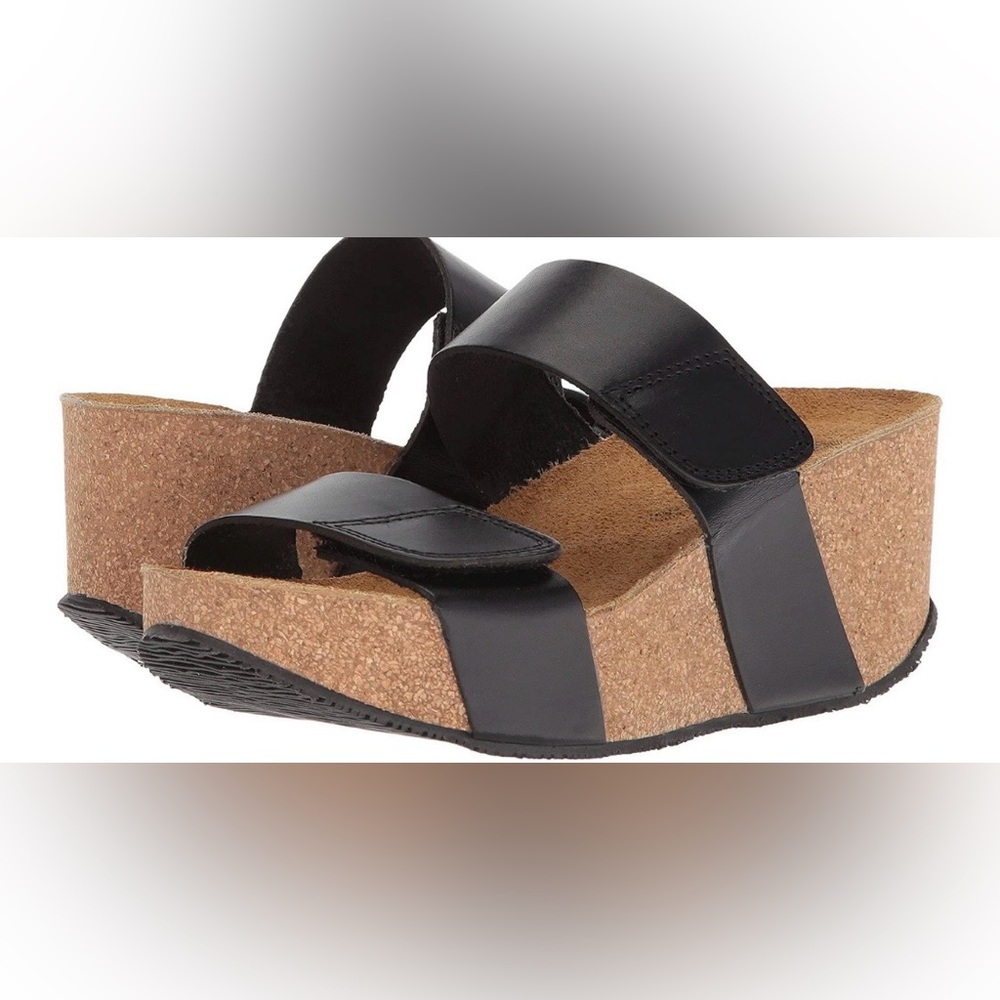 Eric Michael Black Leather Cork Wedge Sandals | Made in Portugal EU 39/ US 8-8.5 - Picture 2 of 8